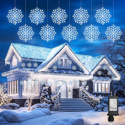 Brightown 2 Pack Christmas Snowflake Icicle Lights Outdoor - Plug-in 23.6ft 10 Drops 480LED Snowflake Window Lights, Connectable for Indoor Outdoor Porch Eaves Rooftops Christmas Decoration