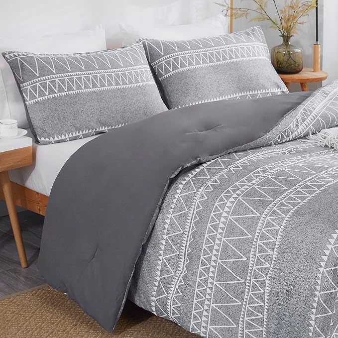 Boho Grey Stirped Comforter Set Queen for Kids Adult, 3 PCS Reversible Bedding Set Gray Comforter with 2 Pillow Shams, Lightweight Breathable for All Seasons(Queen,90x90inches)