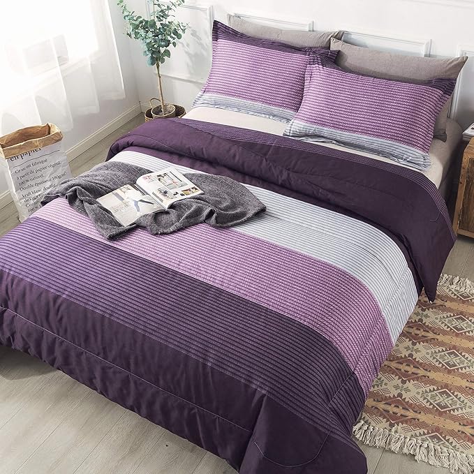 Andency Stripe Comforter Set Full Size (79x90 Inch), 3 Pieces Purple and Gray Patchwork Striped Comforter, Soft Microfiber Down Alternative Comforter Bedding Set with Corner Loops