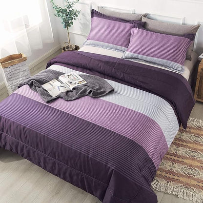 Andency Stripe Comforter Set Twin Size (66x90 Inch), 2 Pieces Purple and Gray Patchwork Striped Comforter, Soft Microfiber Down Alternative Comforter Bedding Set with Corner Loops