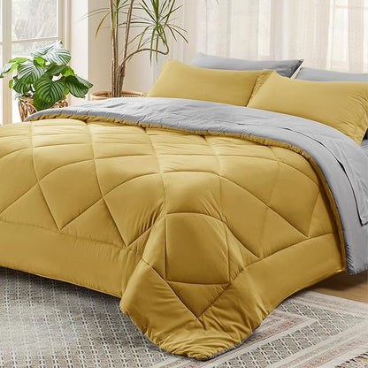 Bedsure Mustard Yellow Queen Comforter Set - 7 Pieces Reversible Queen Bed in a Bag, Queen Bed Set Mustard Yellow and Grey with Comforters, Sheets, Pillowcases & Shams