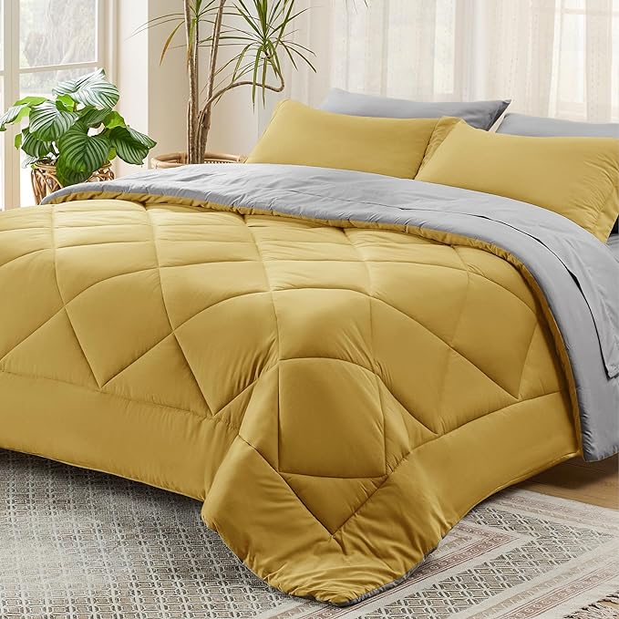 Bedsure Mustard Yellow Twin Comforter Set - 5 Pieces Reversible Twin Bed in a Bag for College, Extra Long Twin Bed Set Mustard Yellow and Grey with Comforters, Sheets, Pillowcase & Sham
