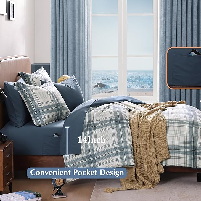Blue King Size Comforter Set, Plaid King Bed Sets for Boys & Girls,Classic Homestead-Style King Sized Comforter Bedding Set with Sheets and Comforter Sets