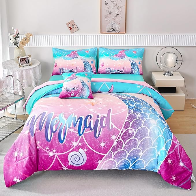 RYNGHIPY Kids Girls Comforter Set 6Pcs, Mermaid Bed in a Bag Full Size, Fish Tail Print Teens Girls Bedding Set, Rainbow Bedding Collections
