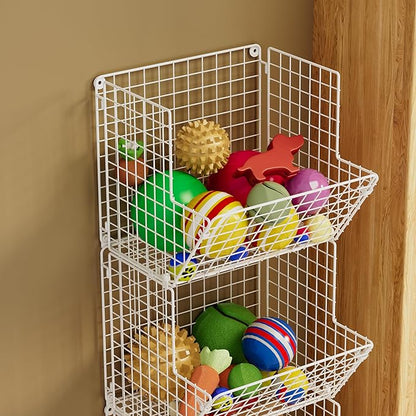 3 Tier Rolling Wire Toy Organizer Basket - with Wheel, S-Hooks, Toy Storage Cart Wall Bookshelf for Kids Room, Playroom, Bedroom (White, Standard)