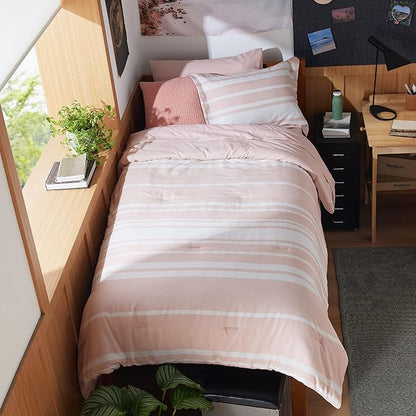 Bedsure Twin XL Comforter Set for College Girls, Pink Striped Bedding Comforter Sets All Season Bed Set with 1 Pillow Sham, Flat Sheet, Fitted Sheet and 1 Pillowcase
