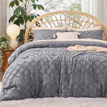 Bedsure King Size Comforter Set - Grey Comforter, Boho Tufted Shabby Chic Bedding Comforter Set, 3 Pieces Vintage Farmhouse Bed Set for All Seasons, Fluffy Soft Bedding Set with 2 Pillow Shams