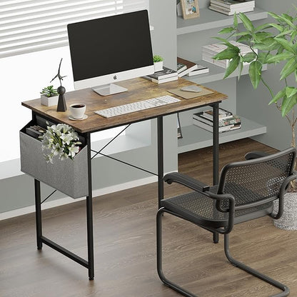 HealSmart Writing Study Worktable for Bedroom Small Desk, Modern Simple Style PC Table with Storage Bag, 32 Inch, Brown-New Version