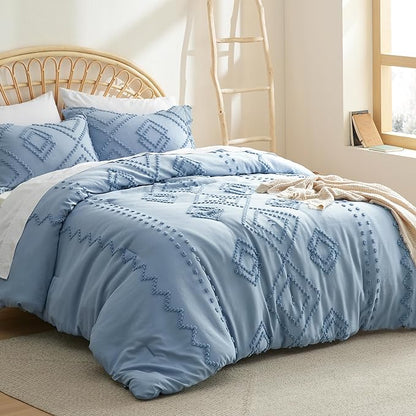 Bedsure Boho Comforter Set Queen - Mineral Blue Tufted Bedding Comforter Set, 3 Pieces Farmhouse Shabby Chic Embroidery Bedding Set, Soft Geometric Pattern Comforter for All Seasons
