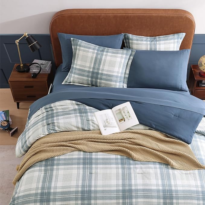 Blue Full Size Comforter Sets, Plaid Comforter Full Size for Boys & Girls,Classic Homestead-style Bedding Sets Full with Full Size Bed Sheets and Comforter Set