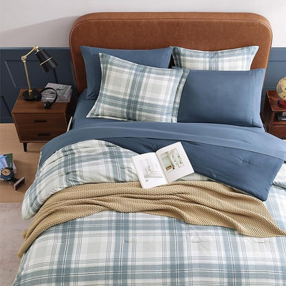 Blue Comforters Queen Size, Plaid Queen Bed Set for Boys & Girls,Classic Homestead-style Queen Size Comforter Sets with Sheets and Comforter Set