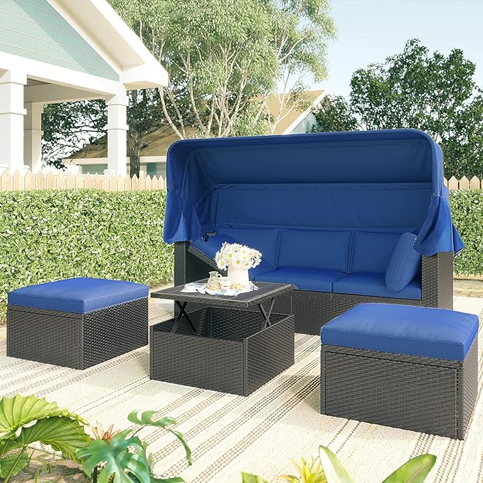 Patio Rectangle Daybed with Retractable Canopy and Lift Up Side Table, PE Rattan Wicker Outdoor Furniture Sectional Sofa Set Sunbed w/Ottoman for Garden, Onesize, Grey Rattan&Blue Cushions