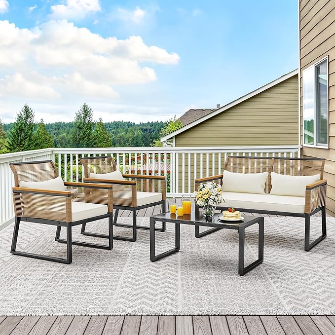 YITAHOME Patio Furniture Wicker Outdoor Bistro Set, 4-Piece All Weather Rattan Conversation Loveseat for Backyard, Balcony and Deck with Wooden Armrest, Gray Cushions and Metal Coffee Table