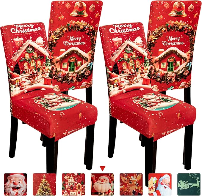 4PCS Christmas Dining Chair Covers Stretch Removable Washable Dining Room Chair Protector Slipcovers Santa Claus House Wreaths Kitchen Chair Cover Slipcover Protector for Xmas Holiday Party Home Décor
