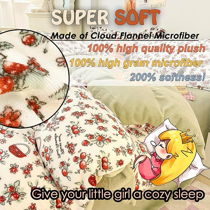 MorroMorn Queen Duvet Cover, Red Cherries Floral Bedding Sets, Plush Fluffy Comforter Covers Set, Down Alternative Blanket Ultra Soft Kawaii Cute for Girls Kids Teen Women Full Double Size