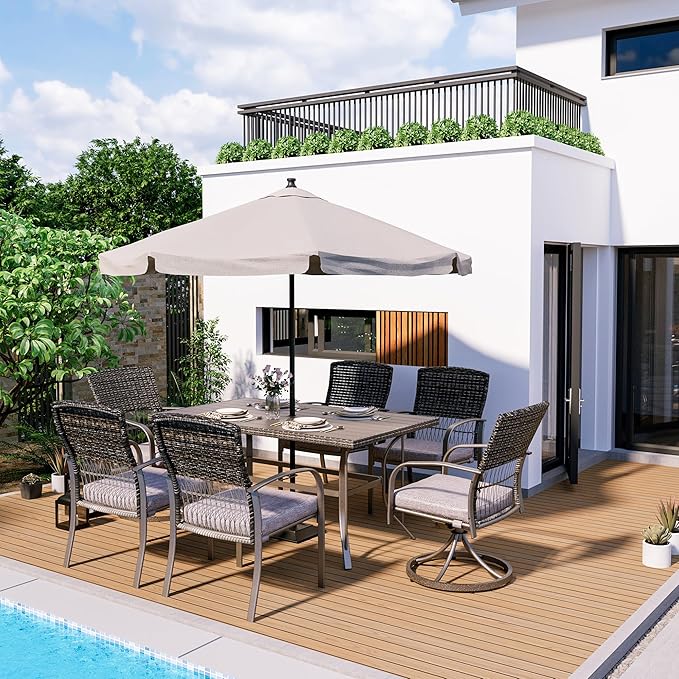 Pamapic 7 Piece Patio Dining Set for 6,Outdoor Wicker Furniture Set for Backyard Garden Deck Poolside with 4 Dining Chairs and 2 Swivel Rockers,Iron Slats Table Top, Removable Cushions(Gray)