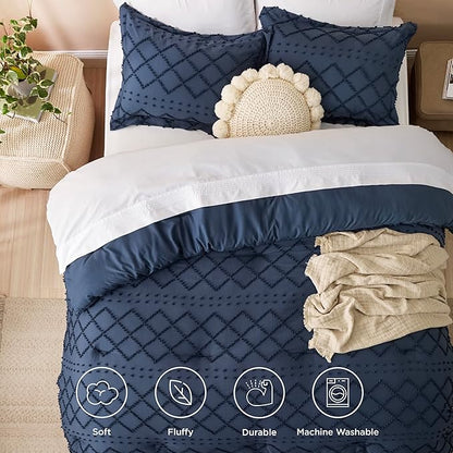 Bedsure California King Comforter Set - Navy Comforter, Boho Tufted Shabby Chic Bedding Comforter Set, 3 Pieces Farmhouse Bed Set for All Seasons, Fluffy Soft Bedding Set with 2 Pillow Shams