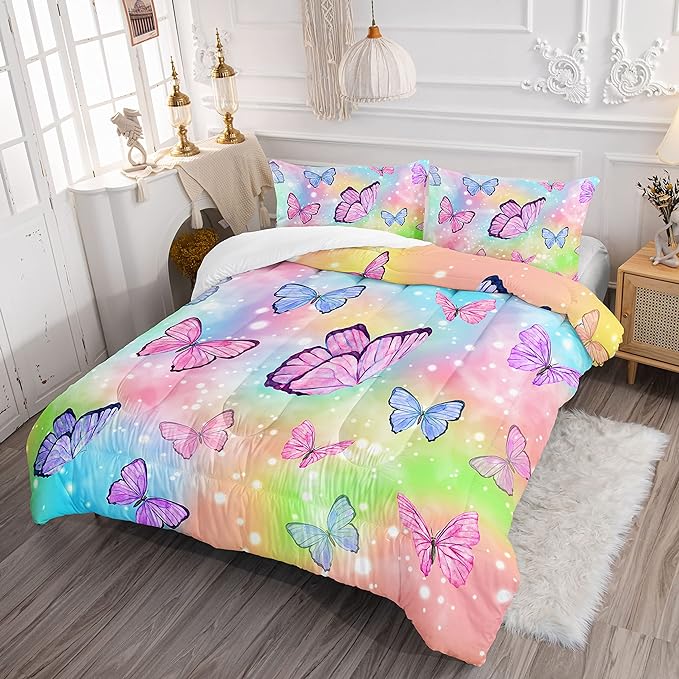 Datura home Bedding Comforter Set Rainbow Watercolor Butterfly Printed Pattern Quilt with 1 and 2 Pillowcases for Girls Bedroom All Season(Butterfly Queen) Queen 90x90inches