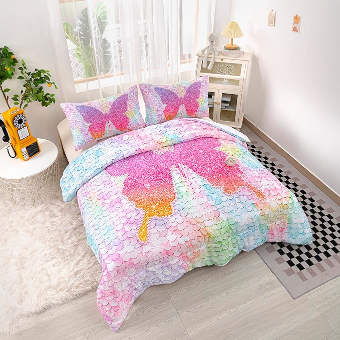 CVHOUSE Butterfly Bedding Set,Butterfly Comforter King,Butterfly Comforter Set for Girls Kids Teens,Butterflies Quilt Set with 1 Comforter and 2 Pillow Cases- 3 Piece