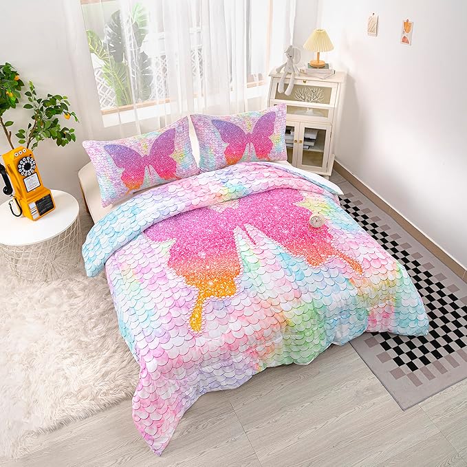 CVHOUSE Butterfly Bedding Set,Butterfly Comforter Twin,Butterfly Comforter Set for Girls Kids Teens,Butterflies Quilt Set with 1 Comforter and 2 Pillow Cases- 3 Piece