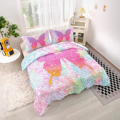 CVHOUSE Butterfly Bedding Set,Butterfly Comforter Queen,Butterfly Comforter Set for Girls Kids Teens,Butterflies Quilt Set with 1 Comforter and 2 Pillow Cases- 3 Piece