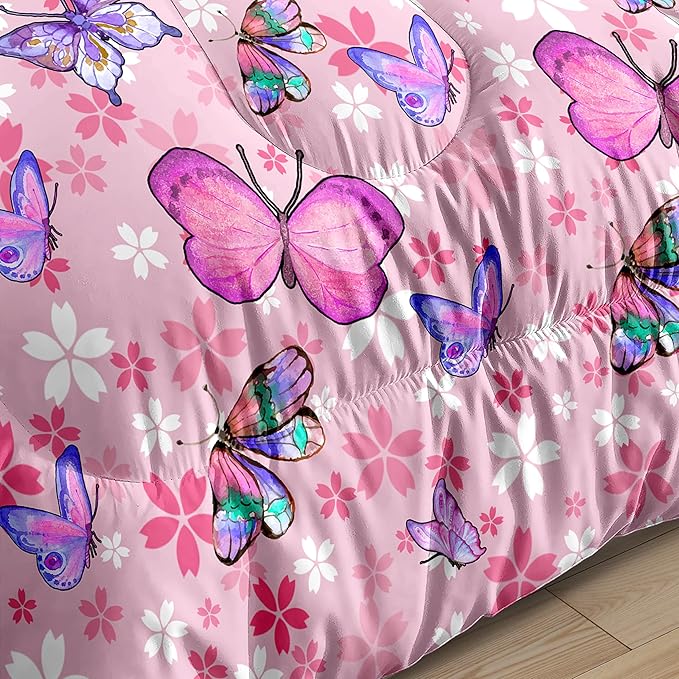 Kids Butterfly Comforter Set - Butterfly Queen Bedding Set Pink Butterflies Prints Bedding Set for Girls Room Cute Princess Bedding Set for All Season Butterfly Bed Set, 1 Comforter + 2 Pillowcases