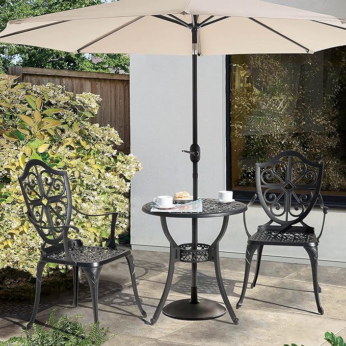 NUU GARDEN 3 Piece Outdoor Bistro Set All Weather Cast Aluminum Patio Set Bistro Table Set Rustproof Patio Table and Chairs with Umbrella Hole for Backyard, Balcony, Front Porch, Black