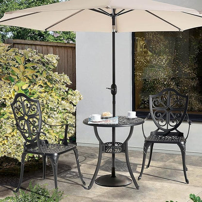 NUU GARDEN 3 Piece Outdoor Bistro Set All Weather Cast Aluminum Patio Set Bistro Table Set Rustproof Patio Table and Chairs with Umbrella Hole for Backyard, Balcony, Front Porch, Black