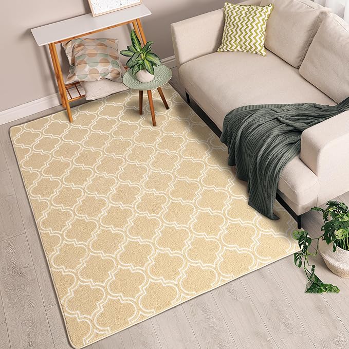 Chicrug Shag Geometric Modern Area Rug for Living Room, 5x7 Feet Large Memory Foam Indoor Carpet, Fluffy Rug for Bedroom Bedside Room Decor for Family Girls Kids Nursery, Beige/White