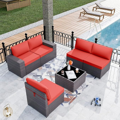 Patio Furniture Set Sofa 6-Piece Wicker PE Rattan Sectional Sofa Set, Outdoor Furniture Patio Conversation Set with Glass Coffee Table and Cushions, Red