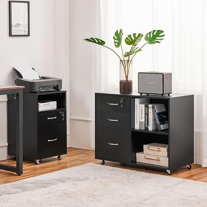 Yaheetech Black File Cabinet with Lock for Letter, A4 Size,3 Drawer Lateral Filing Cabinet Printer Stand with Open Storage Compartments,Mobile Filing Cabinet for Home Office, Black