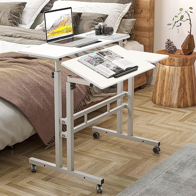 DlandHome Mobile Standing Desk Stand Up Desk Rolling Desk, Stand Sit Desk Mobile Computer Desk Adjustable Standing Desk 23.6inches Table Workstation Mobile Desk Cart Tray White