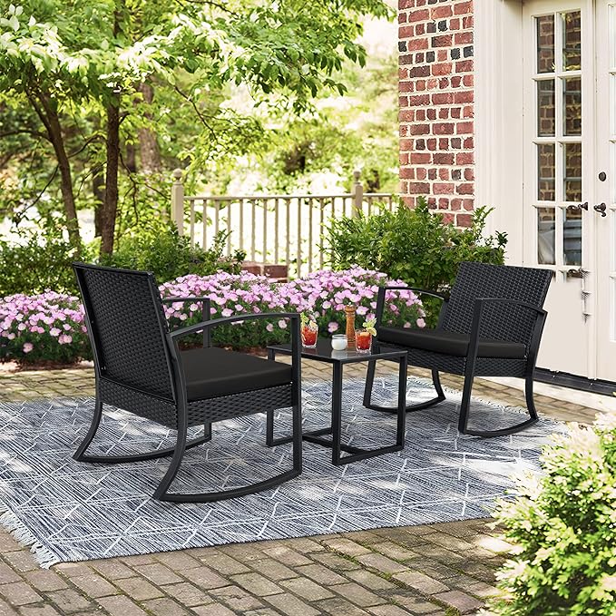 Greesum 3 Pieces Outdoor Furniture Set Patio Bistro Rocking Chairs with Glass Coffee Table for Pool Beach Backyard Balcony Porch Deck Garden, Black