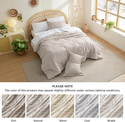 Bedsure Boho Comforter Set Queen - Linen Tufted Bedding Comforter Set, 3 Pieces Farmhouse Shabby Chic Embroidery Bedding Set, Soft Geometric Pattern Comforter for All Seasons