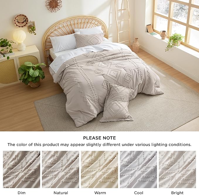 Bedsure Boho Comforter Set King - Linen Tufted Bedding Comforter Set, 3 Pieces Farmhouse Shabby Chic Embroidery Bedding Set, Soft Geometric Pattern Comforter for All Seasons