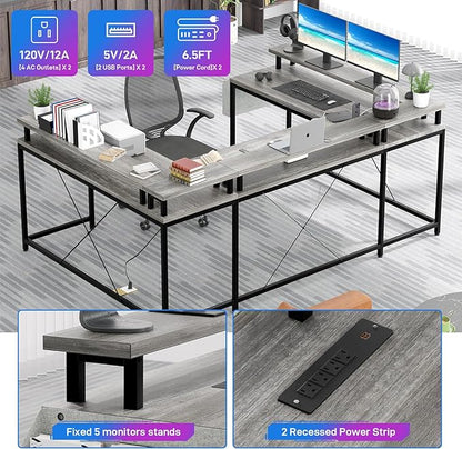 U Shaped Computer Gaming Desk, Reversible L Shaped Desk with Power Outlets, LED Strip & Monitor Stand, Large Corner Desk with Storage Shelves for Home Office, Grey Oak