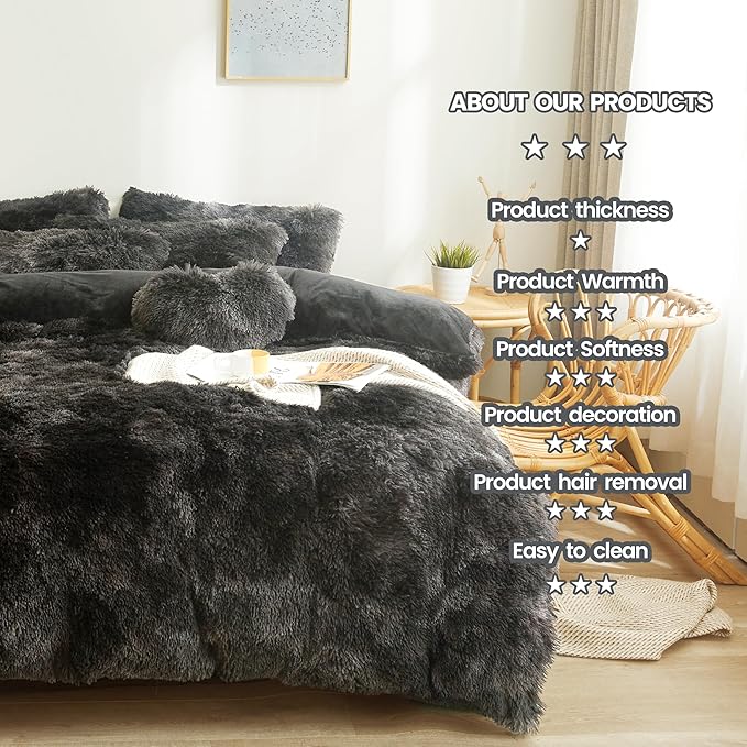 Tie dye Black Plush Fluffy Comforter Cover Set Queen - Ultra Soft Faux Fur tie dye Bedding Sets 3 Pieces (1 Shaggy Duvet Cover + 2 Pillow case) Black Fluffy Bed Set (Tie Dye Black, Queen)