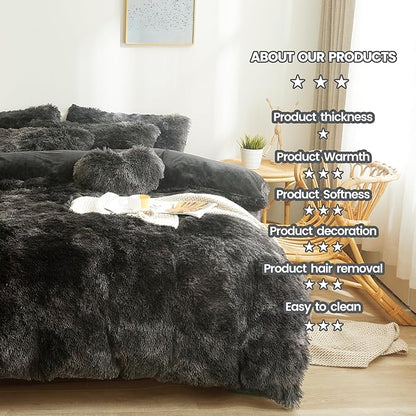 Tie dye Black Plush Fluffy Comforter Cover Set Queen - Ultra Soft Faux Fur tie dye Bedding Sets 3 Pieces (1 Shaggy Duvet Cover + 2 Pillow case) Black Fluffy Bed Set (Tie Dye Black, Queen)