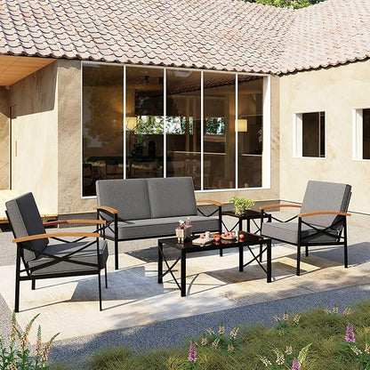 Shintenchi 5 Piece Outdoor Patio Furniture Set, Metal Sofa Conversation Set, including Loveseat, Two Single Chairs and Two Coffee Tables for Backyard, Patio, Balcony, Poolside (Dark Grey)