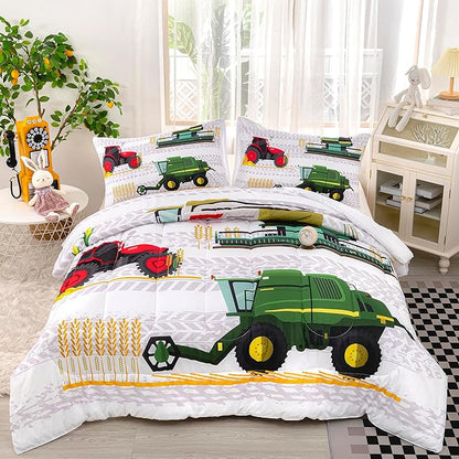 CVHOUSE Tractor Bedding Sets for Boys,Excavators Comforter Full,Boys Cartoon Truck Comforter Set,Trucks Tractors Cars Quilt Set with 1 Comforter and 2 Pillow Cases- 3 Piece