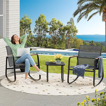 YITAHOME 3 Piece Rocking Bistro Set, Outdoor Patio Furniture Set with Wooden Armrests, Porch Chairs Set with Glass Table for Lawn, Garden, Balcony, Poolside, Dark Gray