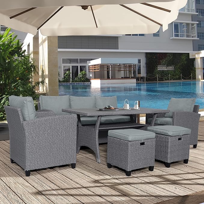6-Piece Patio Furniture Set with Dining Table, Outdoor Garden Sectional Sofa, All-Weather Wicker Conversation Couch with Chairs, Stools and Cushions, Onesize, Gray Rattan