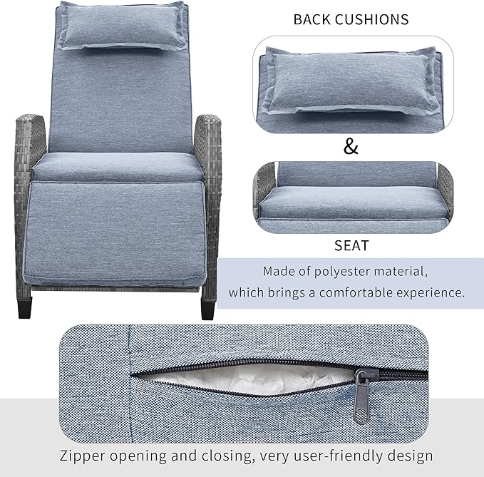 Patio Furniture Sets 3 Piece Outdoor, PE Wicker Rattan 2-Person ConversationSets with Adjustable Backrest Recliner Lounge Chairs and Coffee Table, Comforty Cushions, for Lawn Balcony, Gray