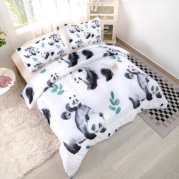 CVHOUSE Panda Bedding Set,Panda Comforter Queen,Cute Panda Comforter Set for Girls Kids Teens,Kawaii Panda Quilt Set with 1 Comforter and 2 Pillow Cases- 3 Piece