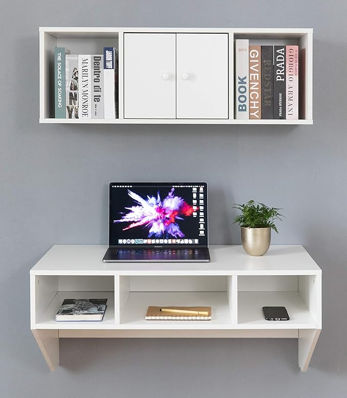 Wall Mounted Office Computer Desk and Floating Hutch Cabinet, White