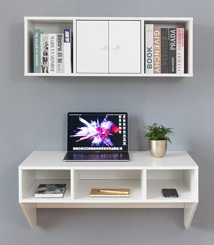 Wall Mounted Office Computer Desk and Floating Hutch Cabinet, White