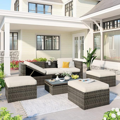 5 Pieces Patio Furniture Sets All Weather Wicker Rattan Sectional Sofa Outdoor Conversation with Adustable Backrest, Cushions, Ottomans and Lift Top Coffee Table for Poolside, Garden, Backyard
