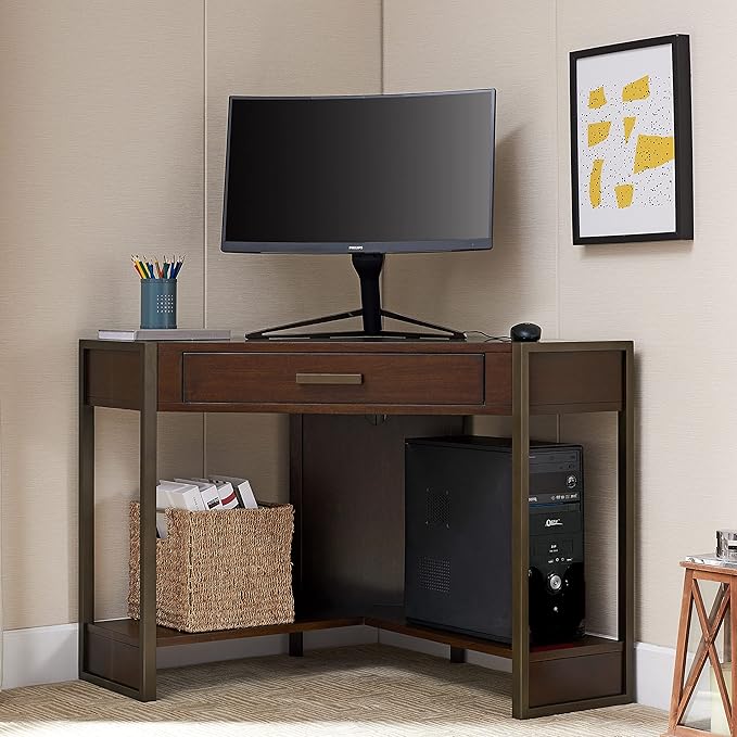 Leick Home Riley Holliday Computer Desk with Dropfront Keyboard Drawer, FURNITURE, Espresso/Gold