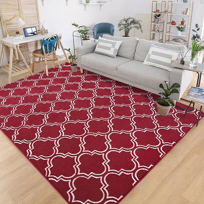 Chicrug Shag Geometric 6x9 Area Rug for Living Room, Large Modern Memory Foam Indoor Carpet, Fluffy Rug for Bedroom Bedside Room Decor for Family Girls Kids Nursery, Wine Red/White