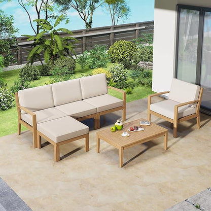 Merax 6-Piece Outdoor Sectional Conversation Sofa Seat Cushions Acacia Wood Frame Furniture Sets with Coffee Table and Ottoman for Garden Backyard Patio and Poolside, Beige